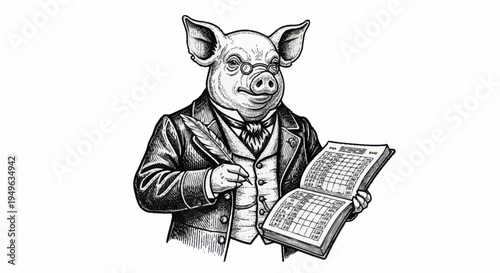 Anthropomorphic pig wearing a suit and spectacles holding a ledger.