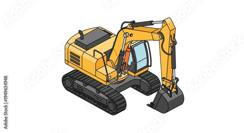 Yellow Excavator Construction Vehicle Isolated on White Background.