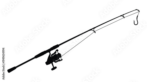 A black fishing rod with a reel and hook