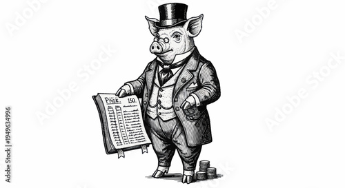 Anthropomorphic Pig Dressed in Formal Business Attire Holding Document.