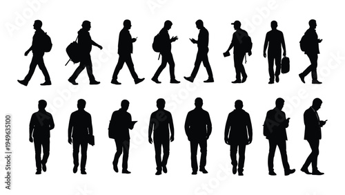 Collection of black silhouettes of business people walking