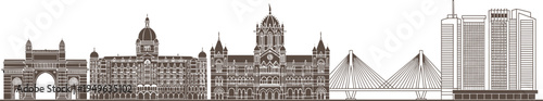 Mumbai skyline landmarks line art illustration featuring Gateway of India Taj Mahal Palace CST Bandra Worli Sea Link cityscape