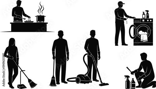 Household chores people silhouettes cooking cleaning washing vacuuming and sweeping domestic workers vector set home service activity illustration