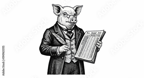 Anthropomorphic Pig Gentleman Reading Newspaper Holding Quill Pen.