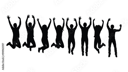 Seven people jumping in the air with their arms raised