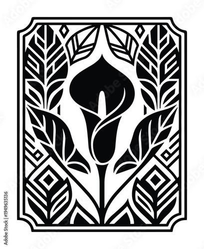 Elegant black art nouveau frame with calla lily flower and leaves design