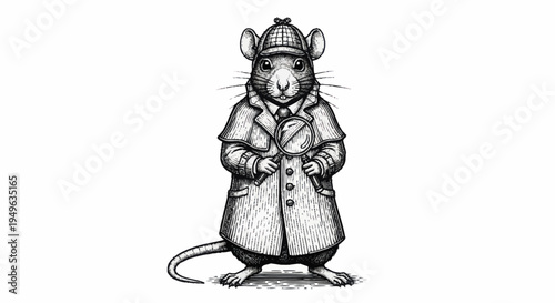 Whimsical Rat Detective in Trench Coat and Hat Illustration.