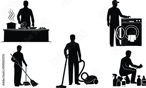 People doing household chores silhouettes cooking cleaning sweeping vacuuming and laundry washing domestic work activity vector illustration set