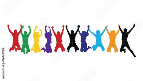 A group of people jumping in the air with colorful silhouettes
