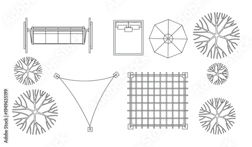 Landscape architecture symbols for garden planning featuring outdoor furniture and tree top view icons