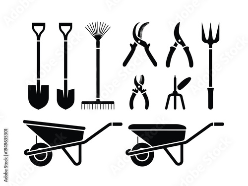 Garden tools icon set illustration, black silhouette vector collection featuring wheelbarrows, shovels, rakes, and landscaping equipment for gardening and yard maintenance.