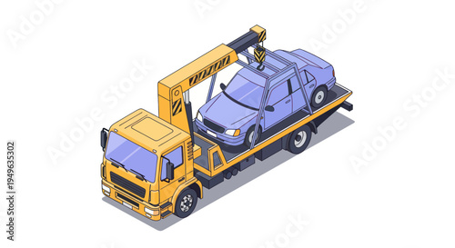 Yellow tow truck carrying a blue car on its flatbed.