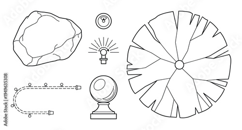 Landscape design elements rock, tree, garden light, sphere, and water hose layout illustration