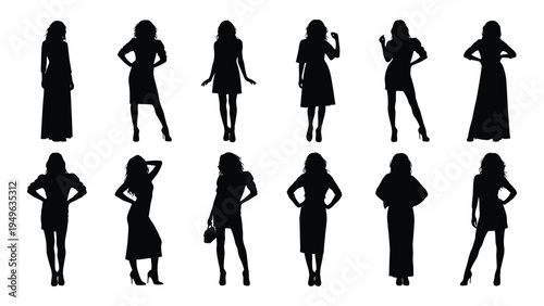 Set of female silhouettes in various poses and dresses
