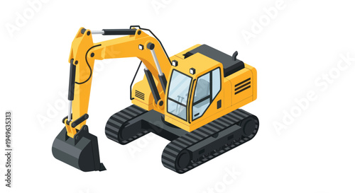 Yellow Excavator Heavy Construction Machine Isolated on White Background.