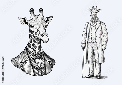 Elegant Giraffe Dressed in Vintage Suit and Bowtie.