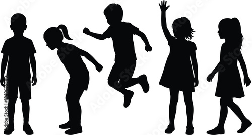 Happy children silhouettes jumping and playing, active kids boys and girls isolated black vector illustration for childhood fun design