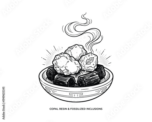 Copal resin with fossilized inclusions in bowl and leaf detail with smoke, black and white vintage illustration