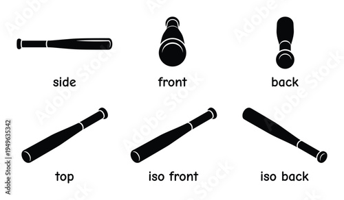 Baseball bat icon set isolated on transparent background, sports equipment for hitting ball, in side, front, back, top, iso front, and iso back views