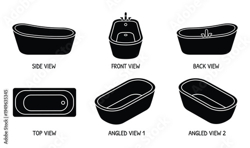 Bathtub different views set isolated on transparent background