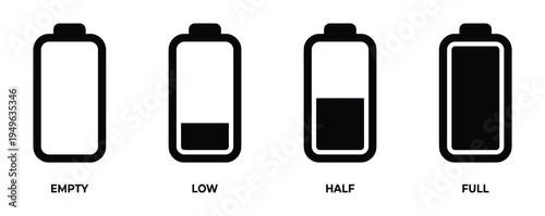 Battery charge levels empty low half and full isolated on transparent background