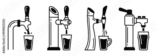 Beer taps vector illustrations, beer pouring into glass, pub and bar concept, brewery taps collection vector graphics.