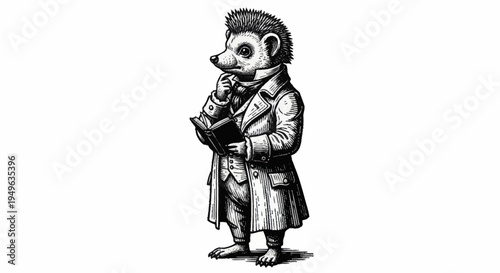 Victorian Hedgehog Gentleman Reading Book Thoughtfully.