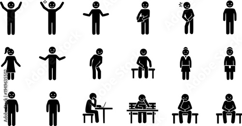 Stick Figure Icons Depicting Various Poses and Emotions of People Sitting and Standing pictogram silhouette

