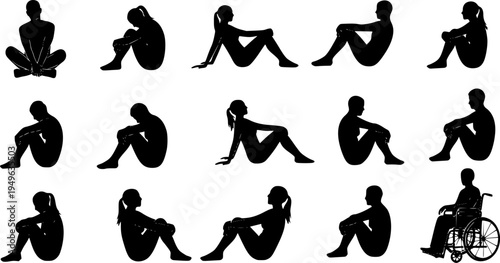 Collection of black human silhouettes in various crouching and sitting poses Keywords: silhouette, people, human, figure, man

