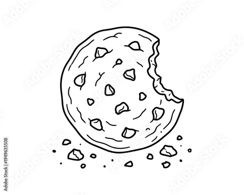 Bitten chocolate chip cookie with crumbs on transparent background detailed drawing