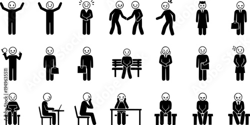 Stick Figure Icons Depicting Various Poses and Emotions of People Sitting and Standing pictogram silhouette
