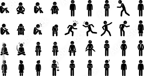 Stick Figure Icons Depicting Various Poses and Emotions of People Sitting and Standing pictogram silhouette

