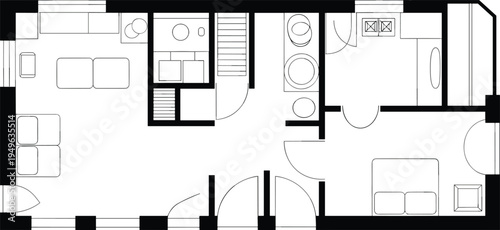 Flat vector residential house floor plan, garage kitchen living layout designFlat vector residential house floor plan, garage kitchen living layout design