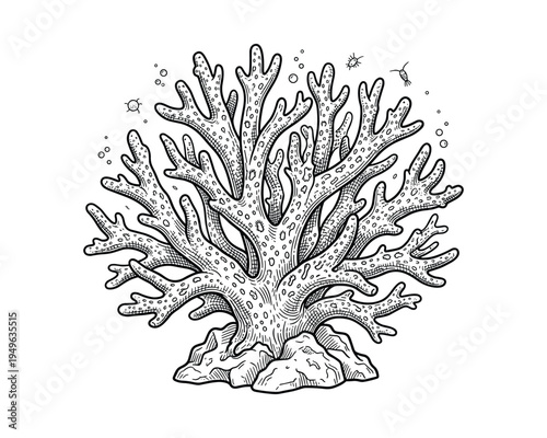 Detailed hand drawn coral illustration with marine life around it, on stones in vector format