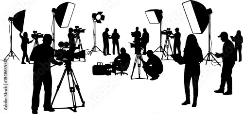 Silhouette film and video production crew with cameras, tripods, lighting equipment, softboxes, spotlights, professional studio team working together in collaborative environment