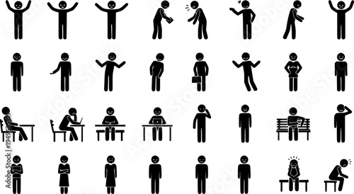 Stick Figure Icons Depicting Various Poses and Emotions of People Sitting and Standing pictogram silhouette
