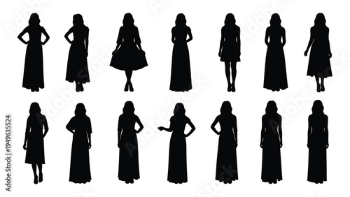 Set of black silhouettes of women in different poses