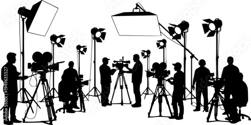 Silhouette film and video production crew with cameras, tripods, lighting equipment, softboxes, spotlights, professional studio team working together in collaborative environment