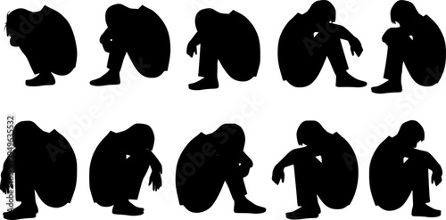 Collection of black human silhouettes in various crouching and sitting poses Keywords: silhouette, people, human, figure, man

