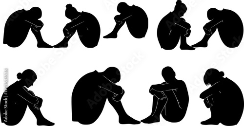 Collection of black human silhouettes in various crouching and sitting poses Keywords: silhouette, people, human, figure, man
