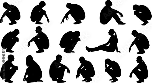 Collection of black human silhouettes in various crouching and sitting poses Keywords: silhouette, people, human, figure, man
