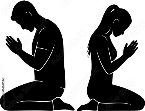 Silhouette of people praying on knees, spiritual meditation, religious devotion, worship vector design, man and woman prayer poses illustration for faith and hope