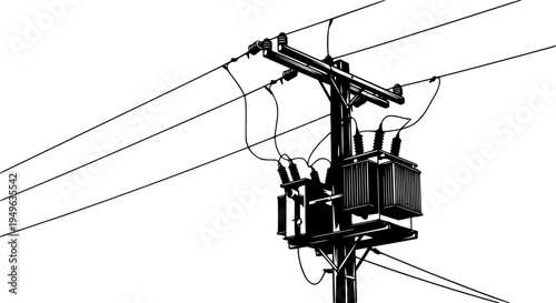 Utility pole vector illustration, electrical transformer design, power lines infrastructure, voltage distribution system, industrial energy supply, silhouette artwork of electrical grid network