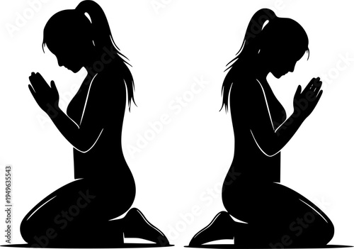 Silhouette of people praying on knees, spiritual meditation, religious devotion, worship vector design, man and woman prayer poses illustration for faith and hope