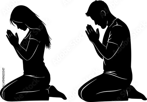 Silhouette of people praying on knees, spiritual meditation, religious devotion, worship vector design, man and woman prayer poses illustration for faith and hope