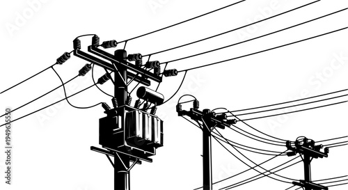 Utility pole vector illustration, electrical transformer design, power lines infrastructure, voltage distribution system, industrial energy supply, silhouette artwork of electrical grid network