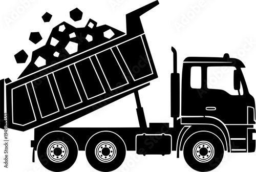 Dump truck silhouette vector illustration, construction vehicle loading and unloading debris, heavy machinery transport icon, industrial work equipment, material handling graphic design element