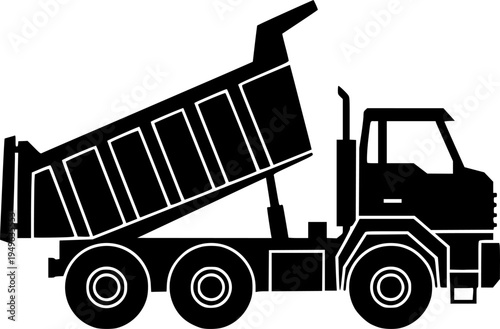 Dump truck silhouette vector illustration, construction vehicle loading and unloading debris, heavy machinery transport icon, industrial work equipment, material handling graphic design element