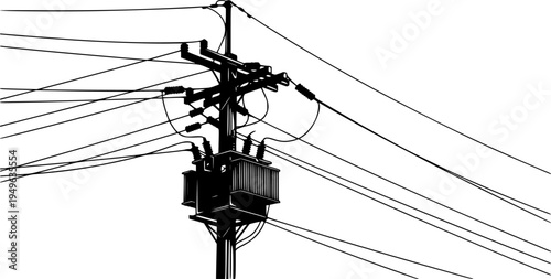 Utility pole vector illustration, electrical transformer design, power lines infrastructure, voltage distribution system, industrial energy supply, silhouette artwork of electrical grid network