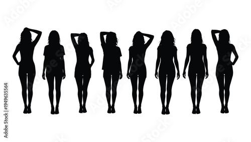 Seven women in different poses in black silhouette